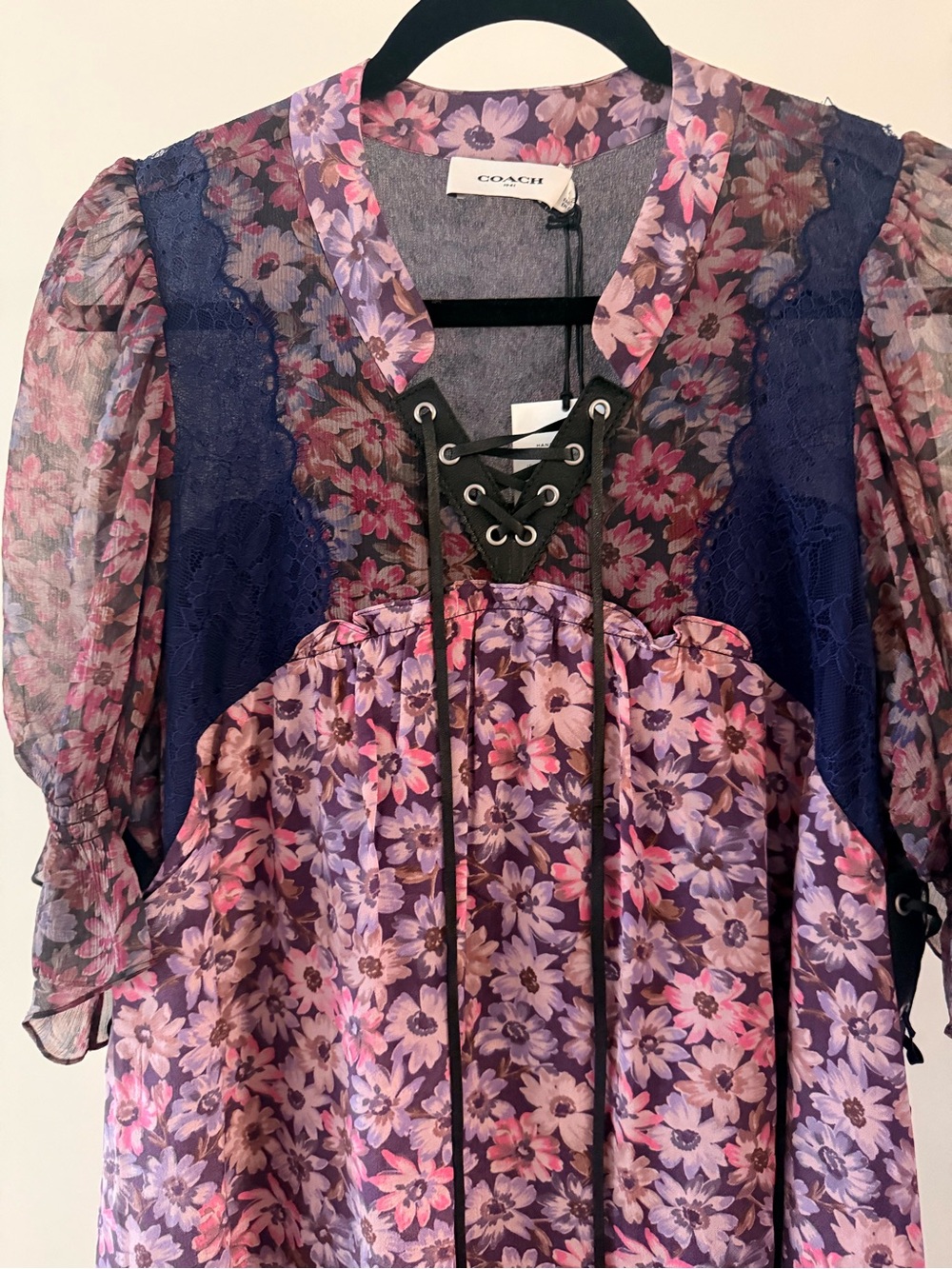 Coach Purple Floral Lace-Up Peasant Blouse